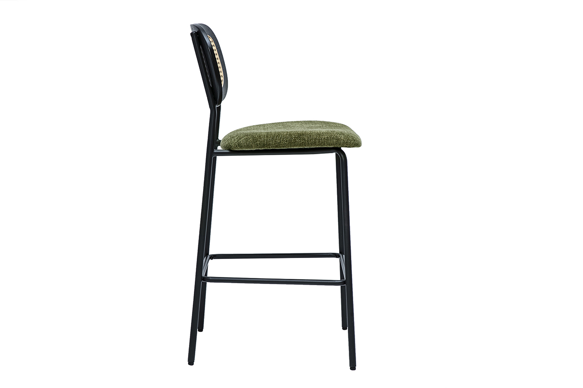Tabourets en tissu effet velours vert kaki, m�tal noir, cannage rotin, lot de 2