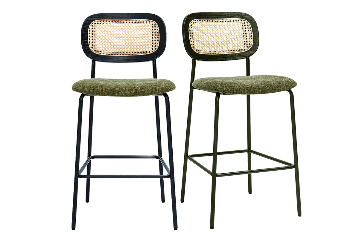 Tabourets design kaki velours avec cannage rotin et m�tal noir, lot de 2