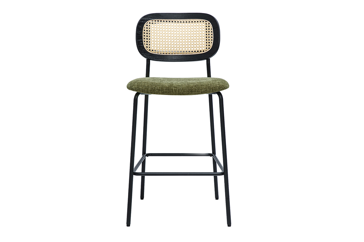 Tabourets design en tissu vert kaki, m�tal noir et cannage rotin, lot de 2.