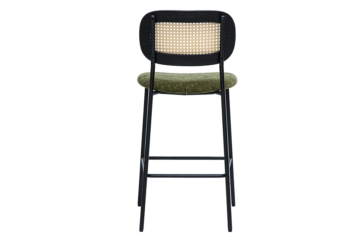 Tabourets design en tissu vert kaki et m�tal noir avec dossier en cannage rotin, vendus par lot de 2.