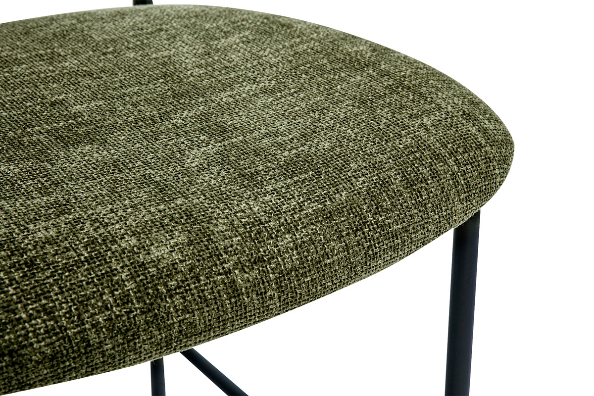 Tabourets en tissu effet velours vert kaki, m�tal noir et cannage rotin