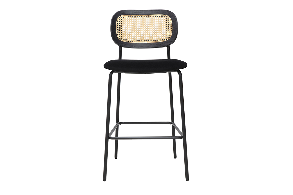 Tabourets design en velours noir et m�tal avec dossier en cannage rotin, lot de 2