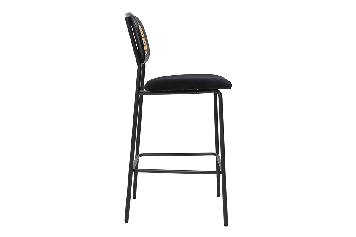 Tabourets design en velours noir et m�tal noir avec dossier en cannage rotin, lot de 2 MIRANDA.