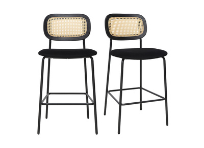 Tabourets design en velours noir, m&eacute;tal noir et cannage rotin (lot de 2) MIRANDA