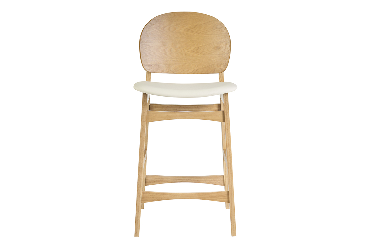 Tabouret scandinave en bois clair fr�ne et assise blanche, vue de face