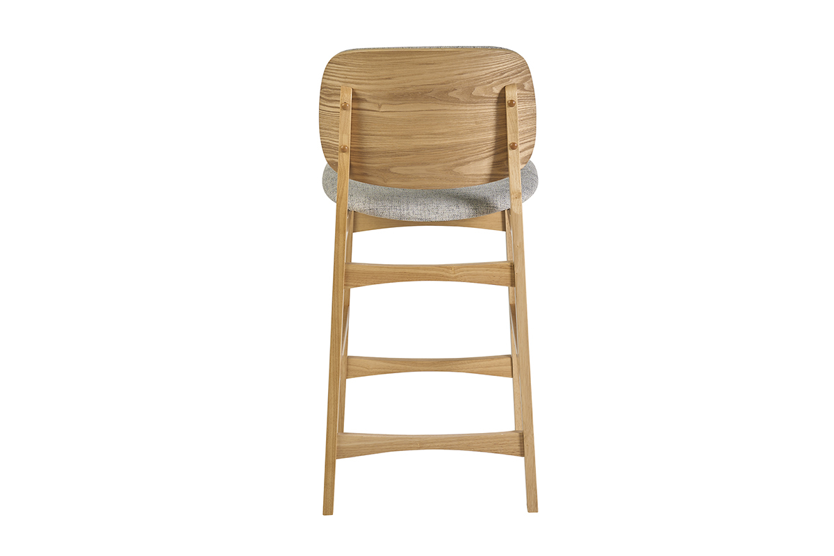 Tabouret scandinave en bois clair fr�ne et tissu gris, vue de dos, H66 cm