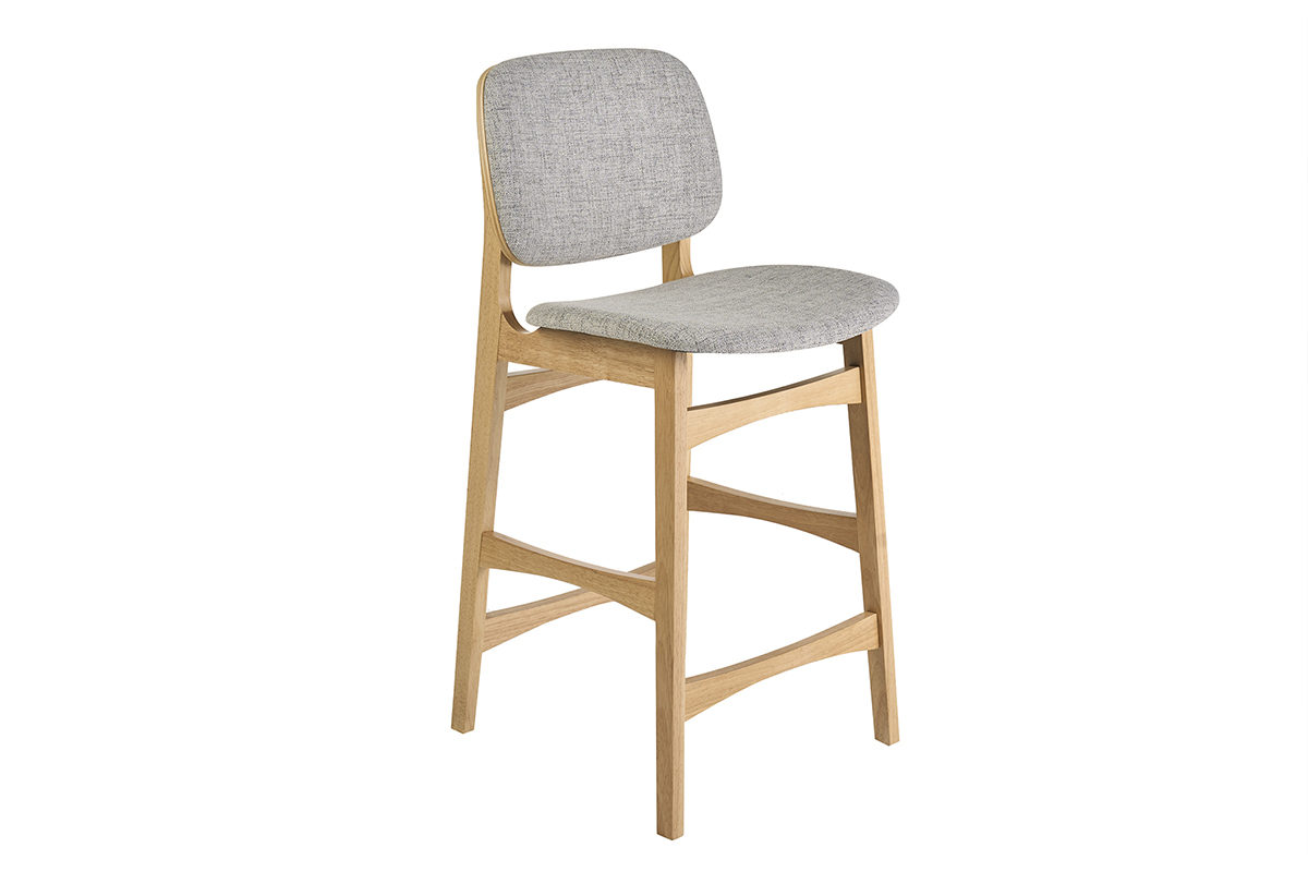 Tabouret scandinave en bois fr�ne clair et tissu gris clair, vue de 3/4, hauteur 66 cm.