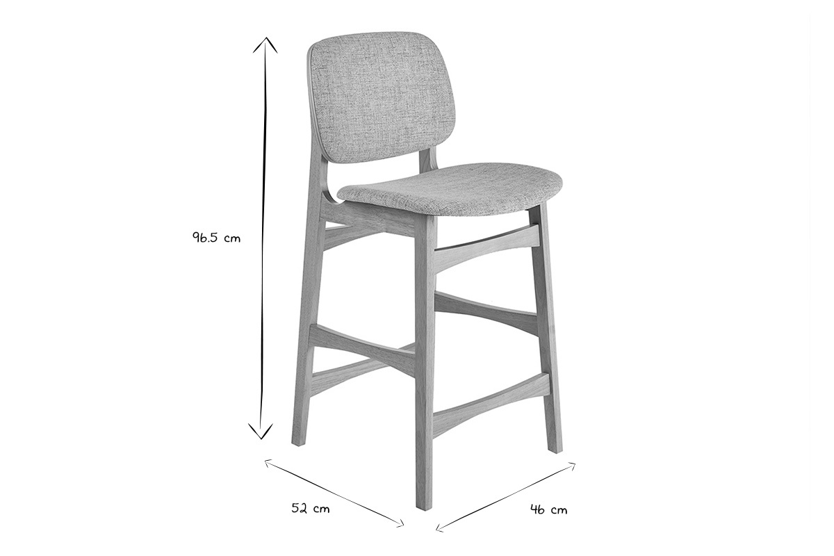Dimensions des tabourets scandinaves en bois clair et tissu gris, H96.5 cm, L52 cm, P46 cm
