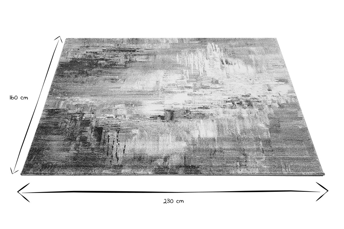 Tapis rectangulaire � motifs abstraits 160 x 230 cm en noir et blanc, dimensions indiqu�es sur l'image.