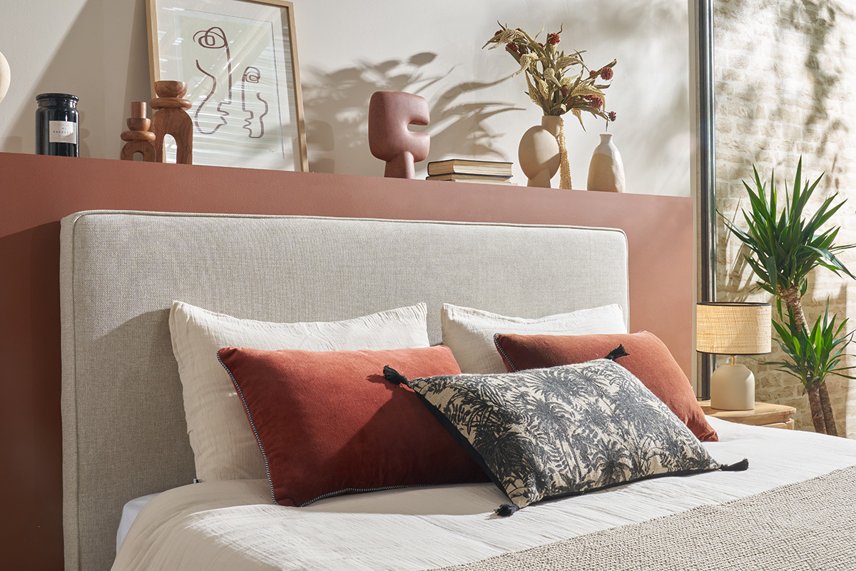 T�te de lit � suspendre en tissu beige L180 cm LILY