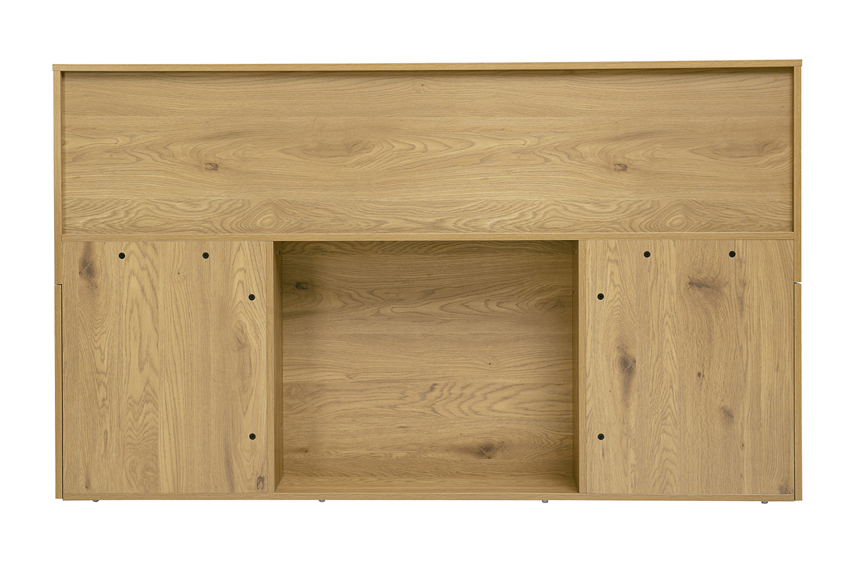 T�te de lit en bois ch�ne avec rangements lat�raux, vue de dos.