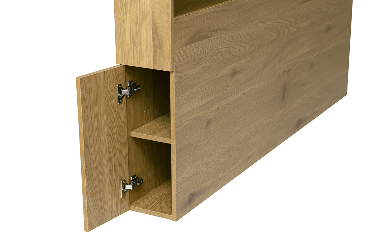 T�te de lit SELENE en bois ch�ne, avec rangements lat�raux et niche ouverte, vue de c�t�.