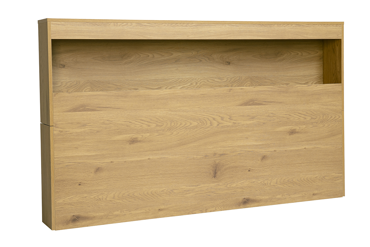 T�te de lit en bois ch�ne avec niche et rangements, vue de 3/4
