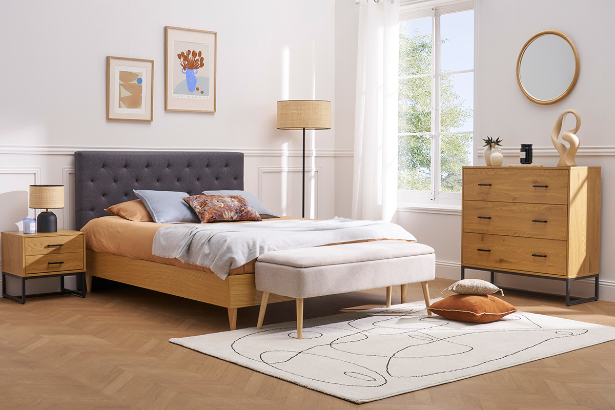 T�te de lit capitonn�e en tissu gris fonc� L160 cm ENGUERRAND