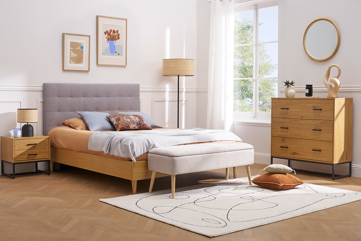 T�te de lit capitonn�e en tissu gris L160 cm HALCIONA