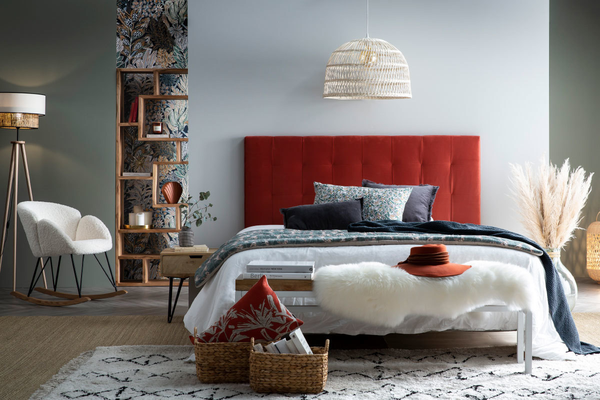 T�te de lit capitonn�e en tissu velours terracotta L160 cm HALCIONA