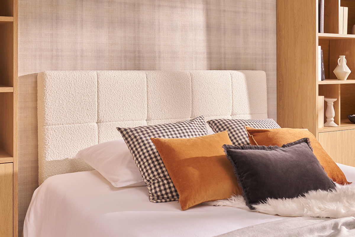 T�te de lit en tissu effet laine boucl�e blanc L160 cm CLOVIS