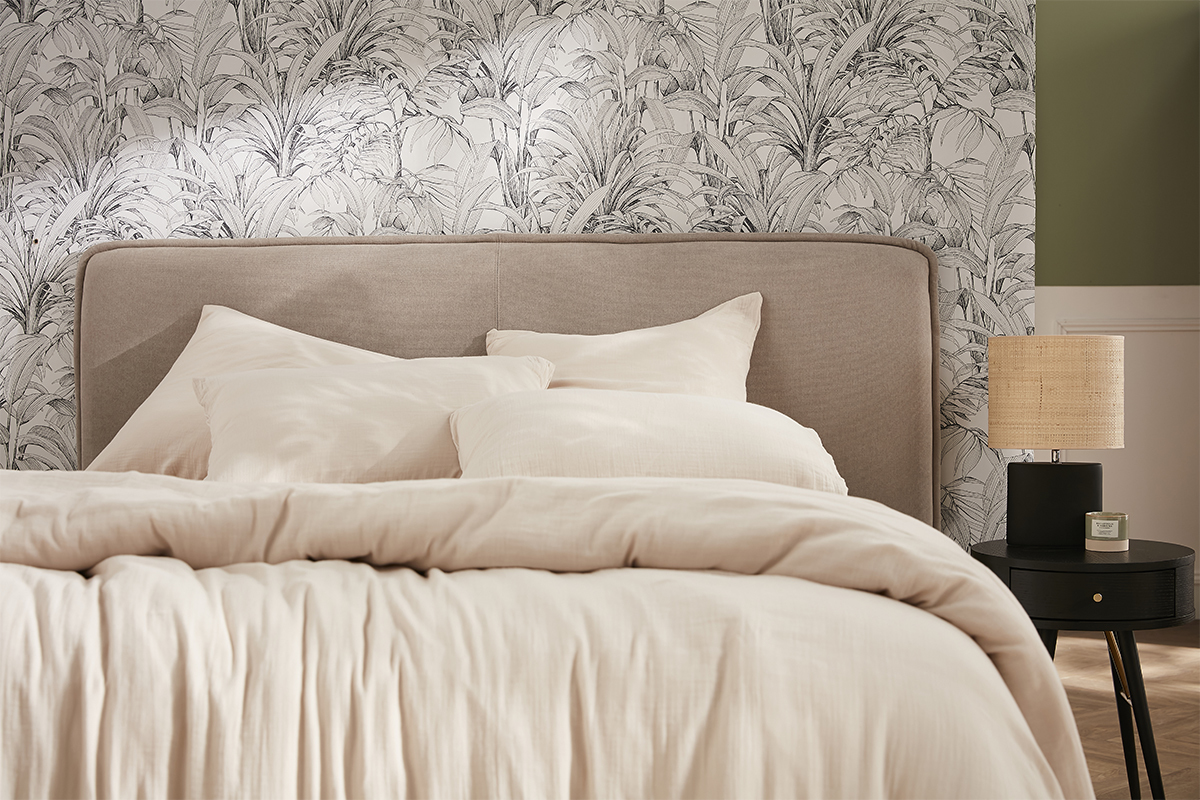 T�te de lit en tissu effet velours beige naturel L175 cm MARCIA