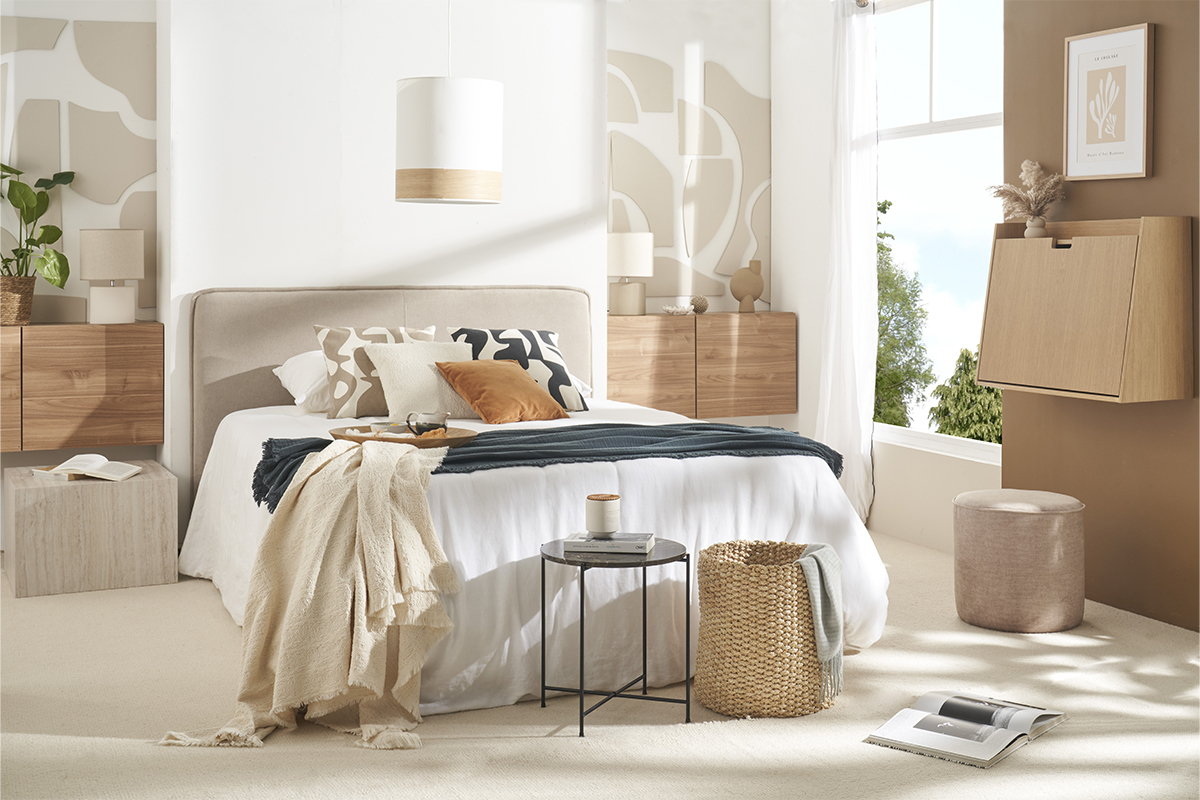 T�te de lit en tissu effet velours beige naturel L175 cm MARCIA