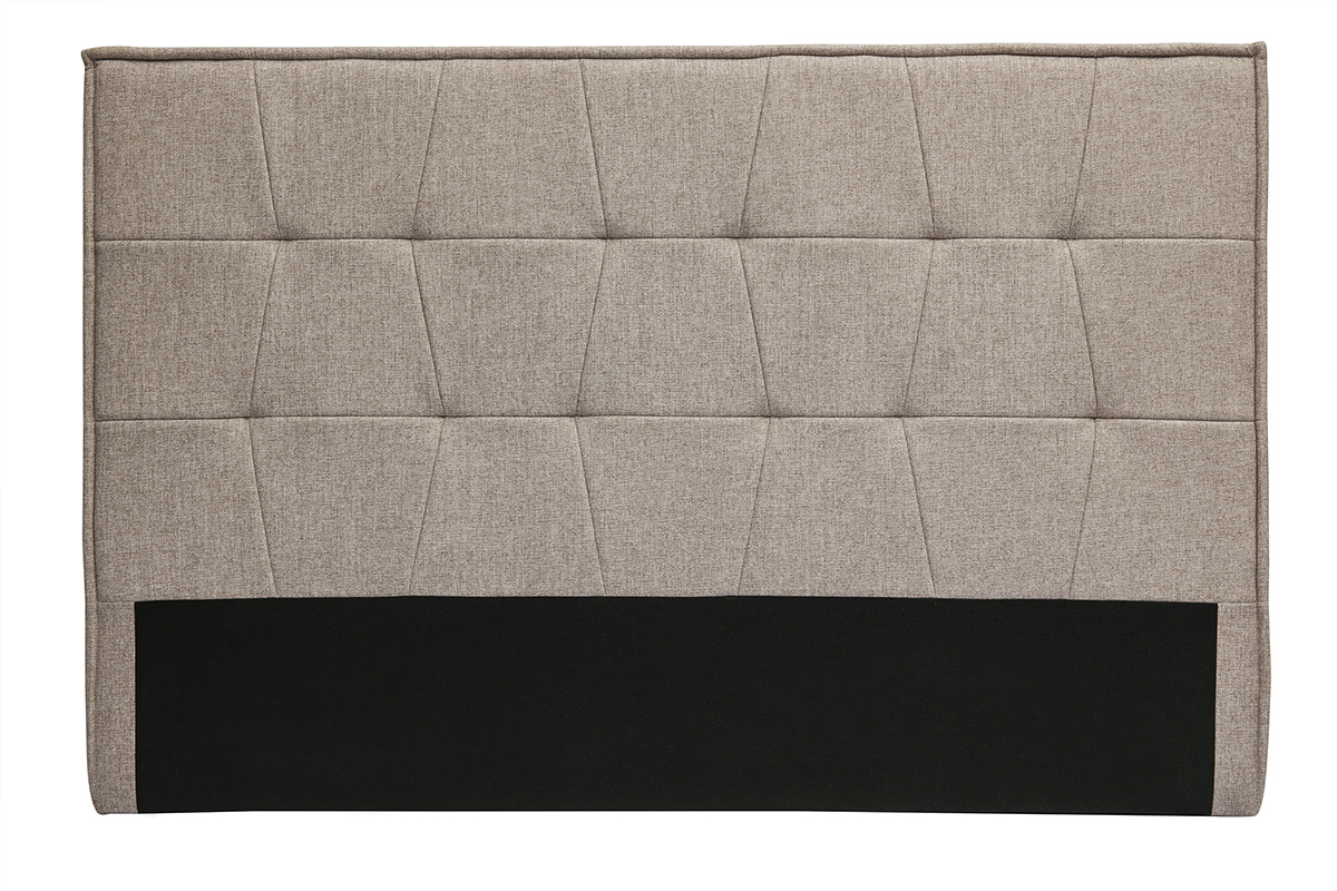 T�te de lit en tissu taupe, vue de face, avec capitons et motif g�om�trique.