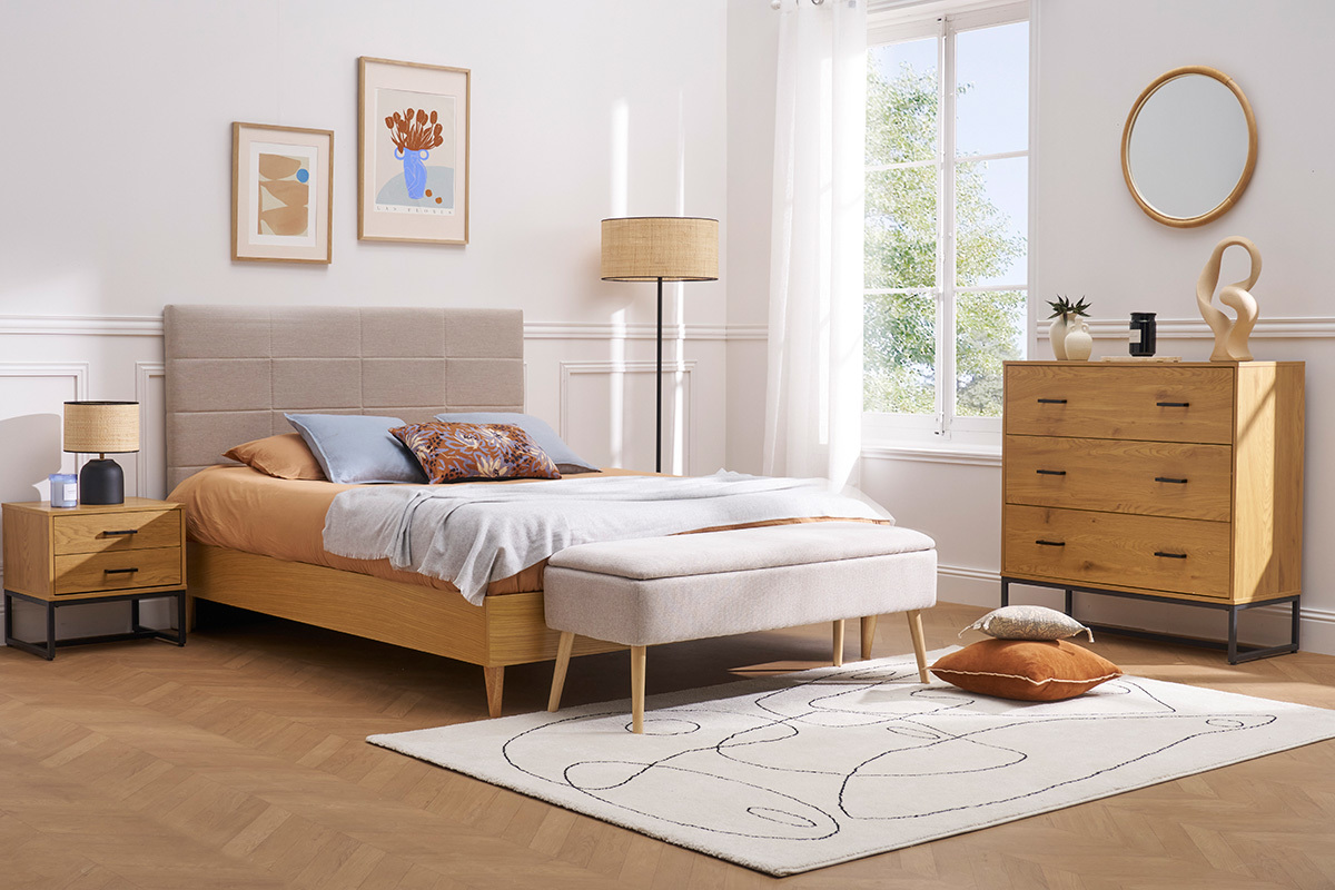 T�te de lit moderne en tissu beige naturel L160 cm ANATOLE