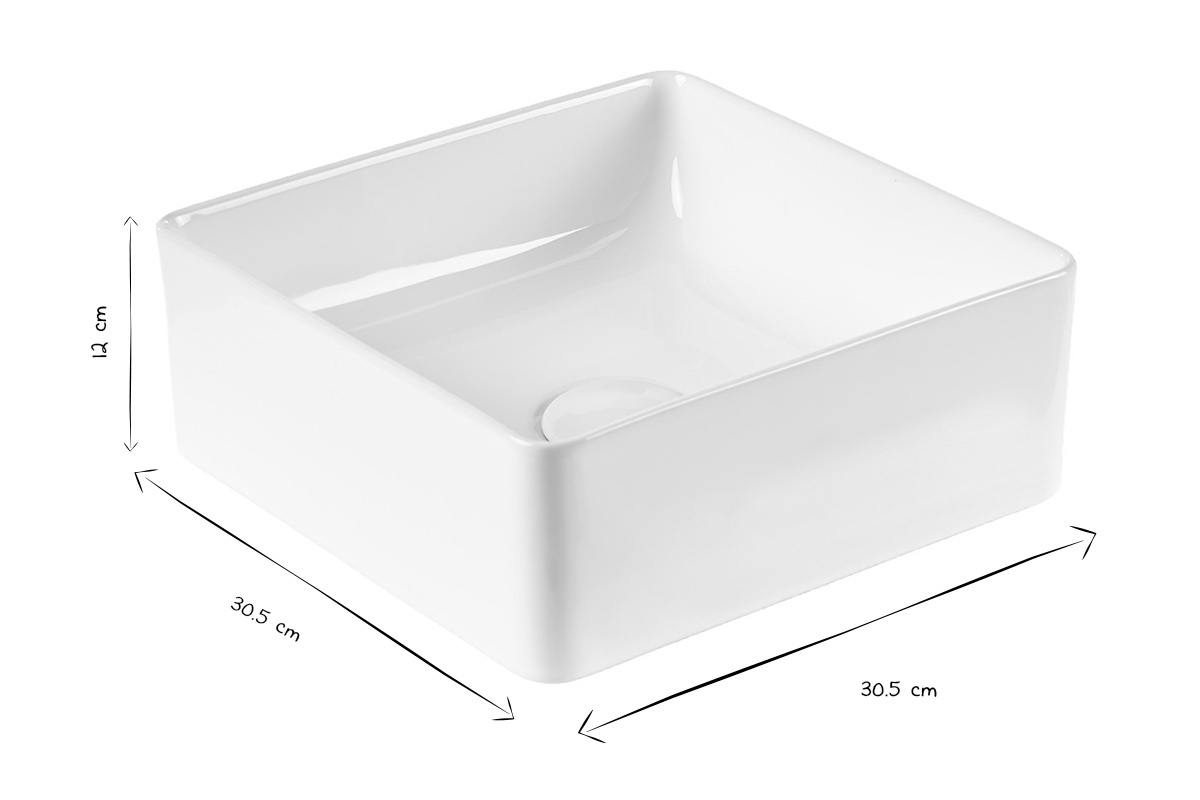 Vasque carr�e en c�ramique blanche L30,5 cm, dimensions en noir et blanc : 30,5x30,5x12 cm.