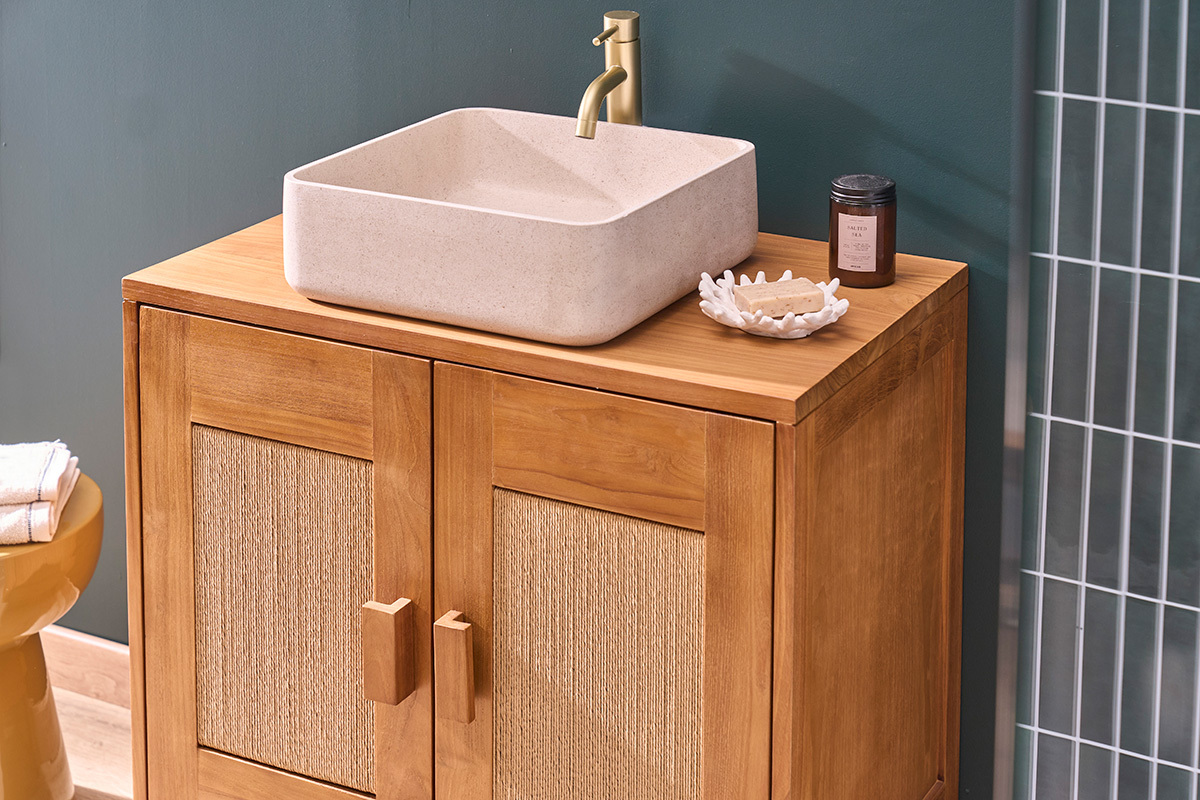 Vasque carr�e en pierre naturelle beige L40 cm FENG