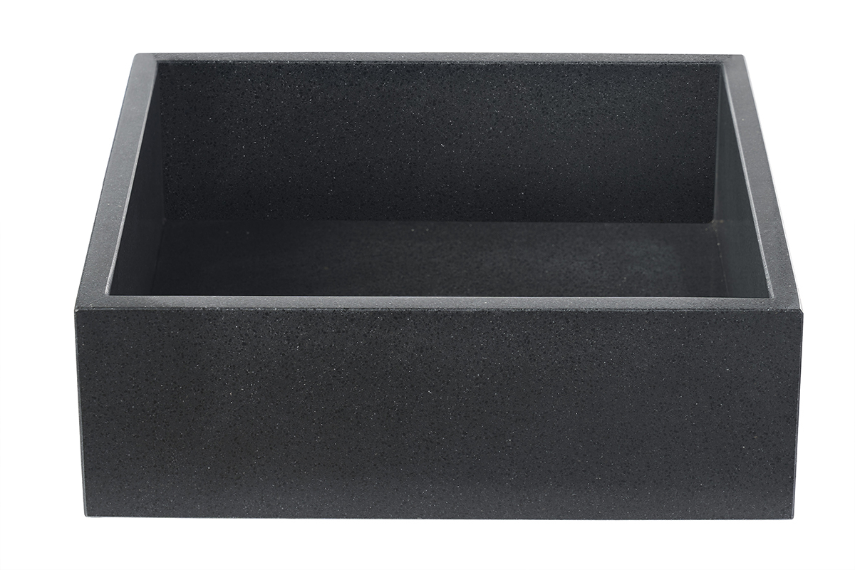 Vasque carr�e en terrazzo noir, vue de face, dimensions L40 x P40 x H13 cm