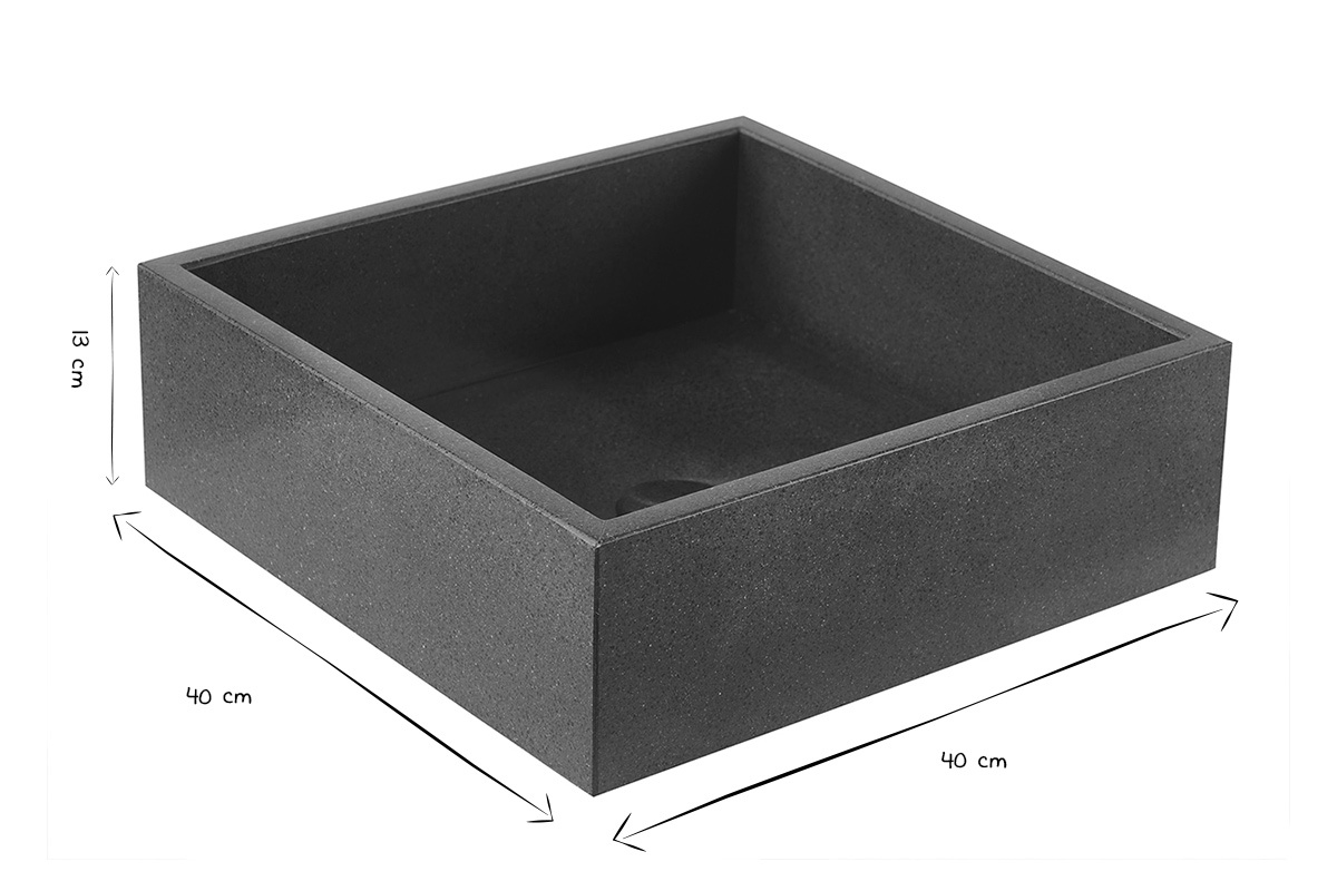 Vasque carr�e en terrazzo noir vue en perspective avec dimensions L40 x P40 x H13 cm en noir et blanc.