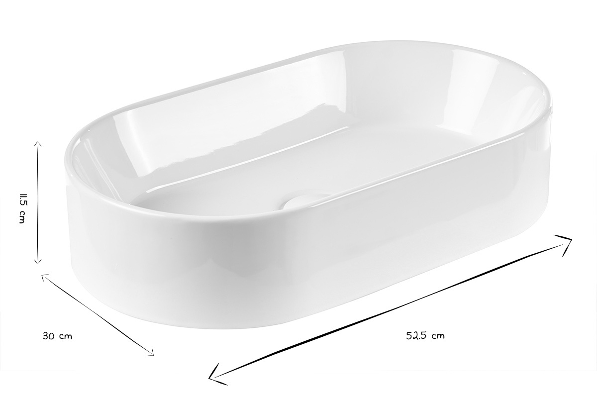 Vasque ovale en c�ramique blanche avec dimensions L52.5 x P30 x H11.5 cm en noir et blanc.