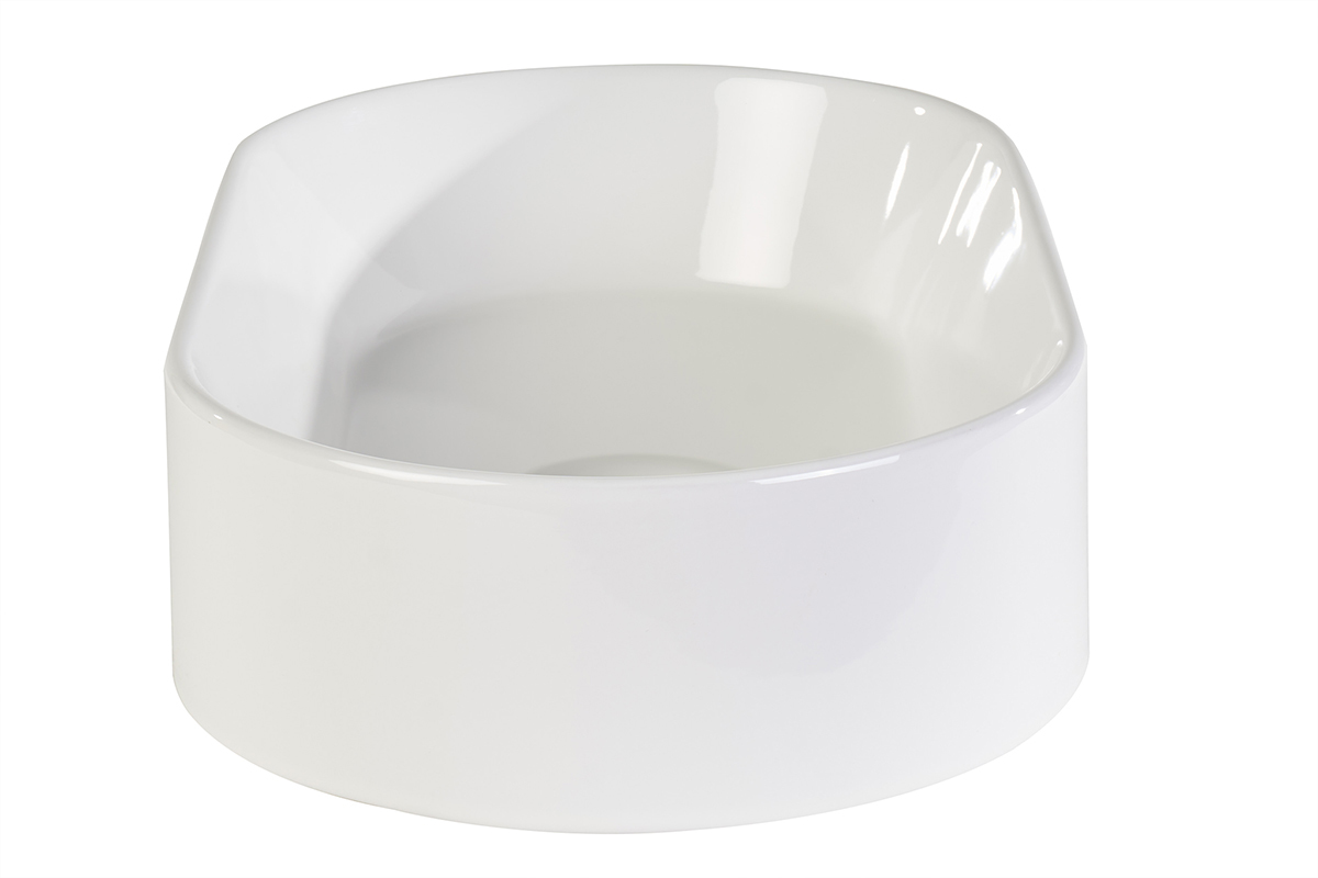 Vasque ovale en c�ramique blanche, vue de trois quarts.