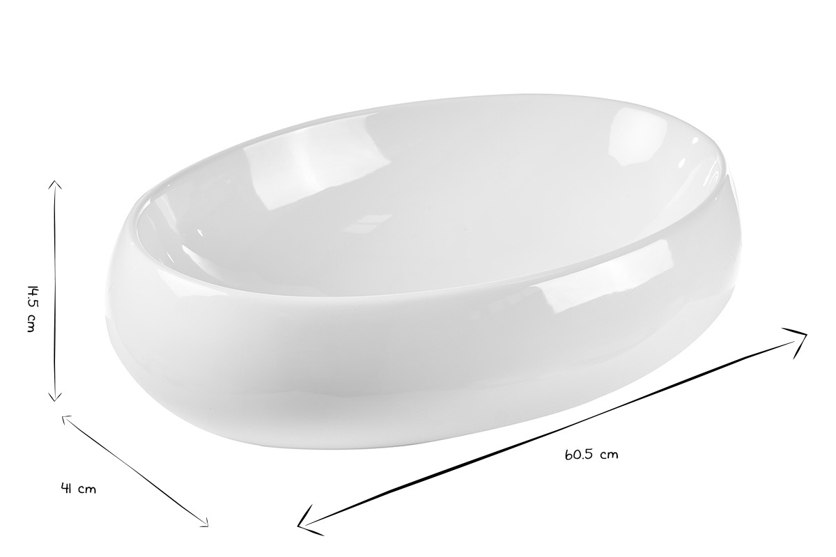 Vasque ovale en c�ramique blanche avec dimensions: L60.5 cm, H14.5 cm, P41 cm en noir et blanc.