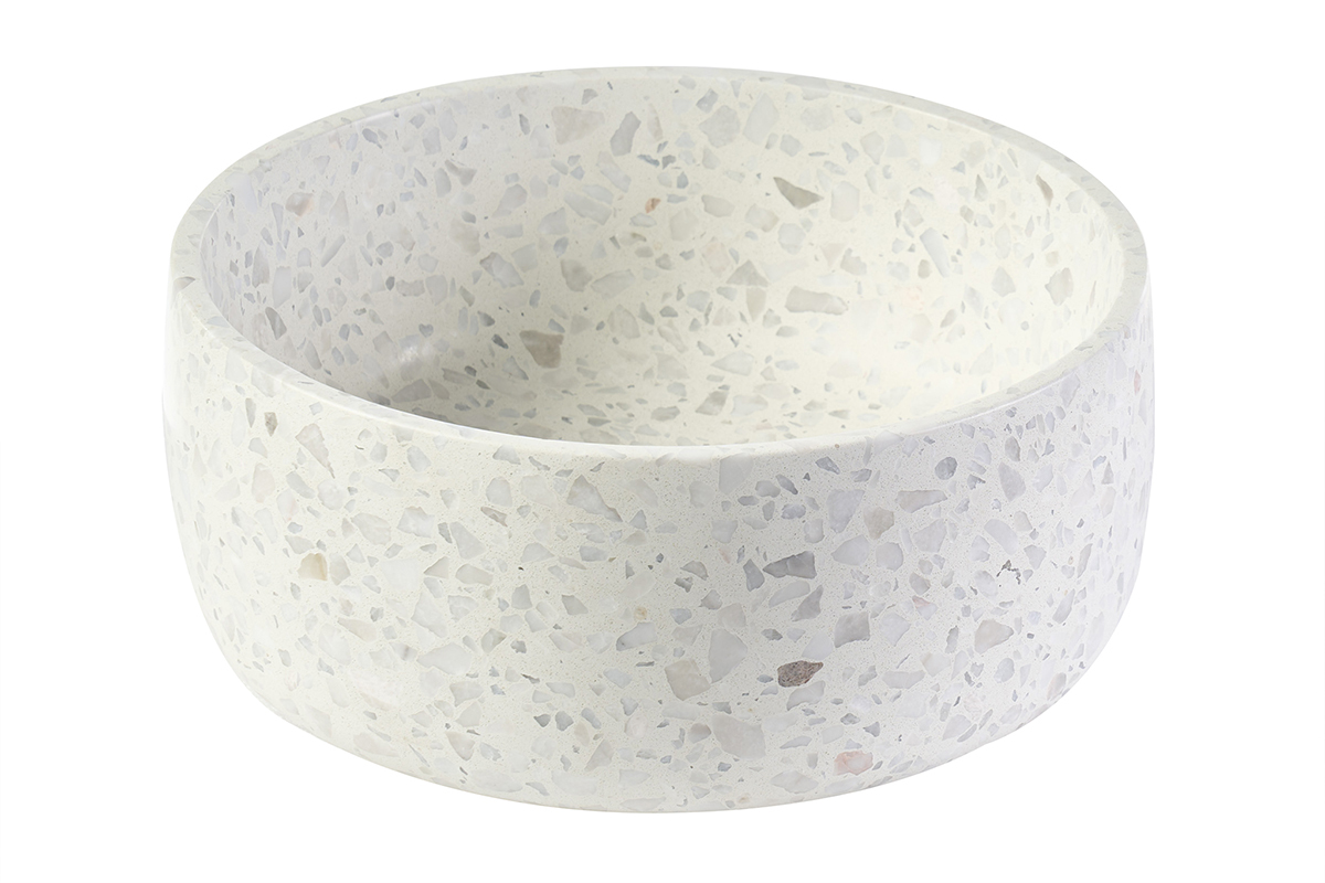 Vasque ronde en terrazzo gris de 30 cm, vue de face, avec �clats de marbre incrust�s.
