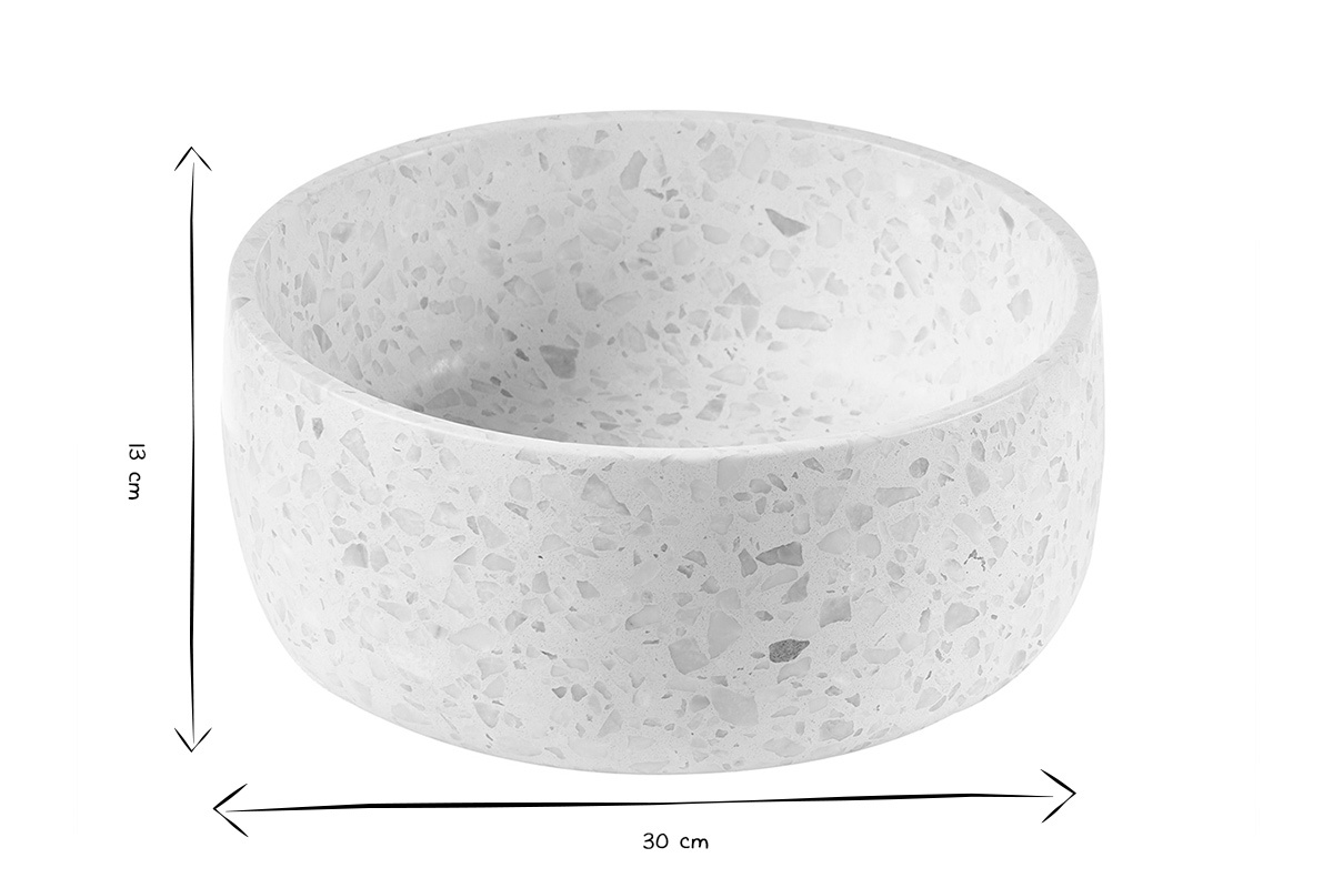 Dimensions de la vasque ronde en terrazzo gris, D30 cm, H13 cm en noir et blanc.