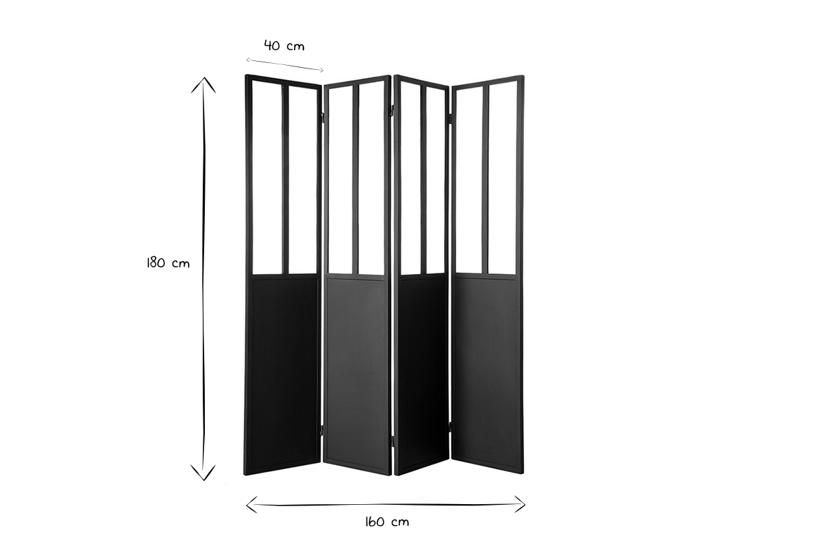 Verri�re atelier paravent industriel en m�tal noir et verre 4 vantaux L160 cm RACK
